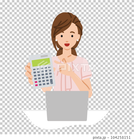 座ってデスクでノートPCを開いて電卓を指差してこちらに向けて見せているオフィスカジュアルの女性 座ってデスクでノートPCを開いて電卓を指差してこちらに向けて見せているオフィスカジュアルの女性 104258151