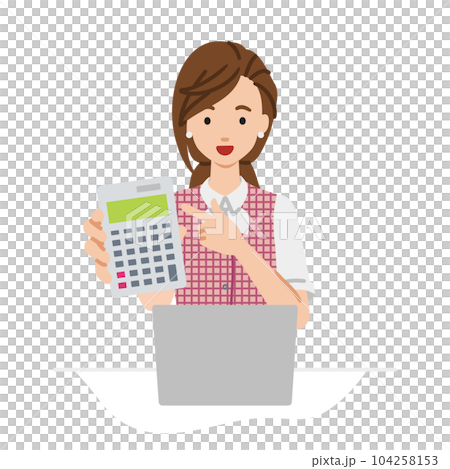 一位身穿文員制服的女士坐在她的辦公桌前,打開她的筆記本電腦,指著一個計算器,給我看 一位身穿文員制服的女士坐在她的辦公桌前,打開她的筆記本電腦,指著一個計算器,給我看 104258153