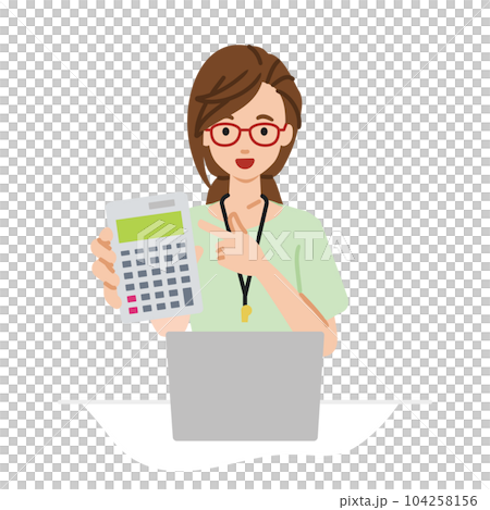 一位女老師坐在她的辦公桌前,她的筆記本電腦打開,指著一個指向你的計算器 一位女老師坐在她的辦公桌前,她的筆記本電腦打開,指著一個指向你的計算器 104258156