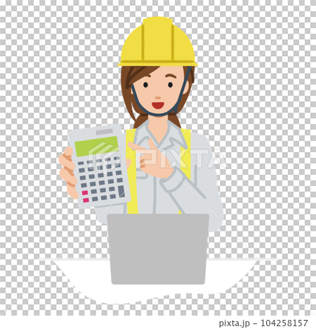 建築工地的一位女士坐在她的辦公桌前,打開她的筆記本電腦,指著一個計算器,並向我們展示 建築工地的一位女士坐在她的辦公桌前,打開她的筆記本電腦,指著一個計算器,並向我們展示 104258157