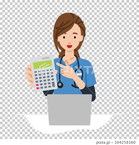 一位女護士坐在她的辦公桌前,打開她的筆記本電腦,指著一個計算器並向我們展示 一位女護士坐在她的辦公桌前,打開她的筆記本電腦,指著一個計算器並向我們展示 104258160