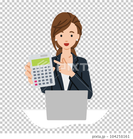 A woman in a suit sitting at her desk, opening her laptop, pointing at a calculator, and showing it to us A woman in a suit sitting at her desk, opening her laptop, pointing at a calculator, and showing it to us 104258161