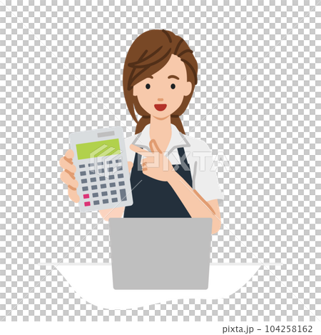 A female clerk wearing an apron sits at her desk, opens her laptop, points to a calculator, and shows it to us A female clerk wearing an apron sits at her desk, opens her laptop, points to a calculator, and shows it to us 104258162