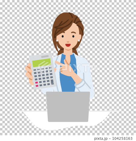 A woman in a jacket sitting at her desk with her laptop open and pointing at a calculator pointing at you A woman in a jacket sitting at her desk with her laptop open and pointing at a calculator pointing at you 104258163