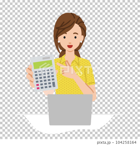 A woman in a polo shirt sitting at her desk with her laptop open and pointing at a calculator pointing at you A woman in a polo shirt sitting at her desk with her laptop open and pointing at a calculator pointing at you 104258164