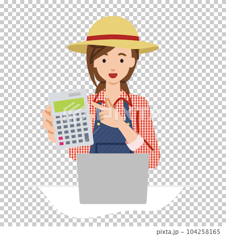 A farmer woman sitting at her desk with her laptop open and pointing at a calculator pointing towards you A farmer woman sitting at her desk with her laptop open and pointing at a calculator pointing towards you 104258165