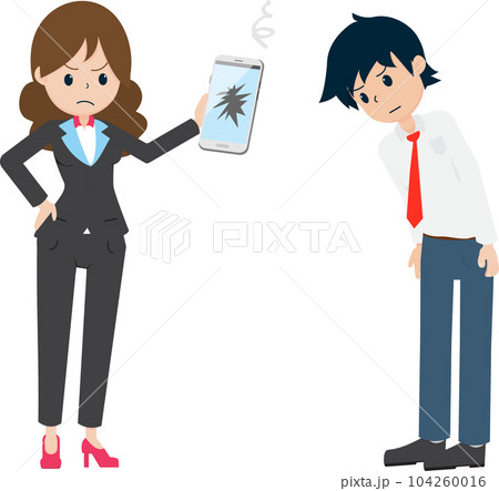 flat cartoon salaryman is apologizing to the customer from the heart for broken things to sell. broken smart phone. 104260016