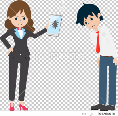 flat cartoon salaryman is apologizing to the customer from the heart for broken things to sell. broken smart phone. 104260016