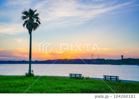 （千葉県）銚子マリーナ・対岸の屛風ヶ浦　夕景 104260181