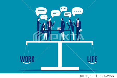 Business team balancing on scale that weighs work and life. Business cartoon vector illustration Business team balancing on scale that weighs work and life. Business cartoon vector illustration 104260433