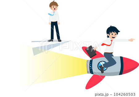 Salary Man sitting on Rocket Overtaken a competitor Standing on Paper Plane Salary Man sitting on Rocket Overtaken a competitor Standing on Paper Plane 104260503