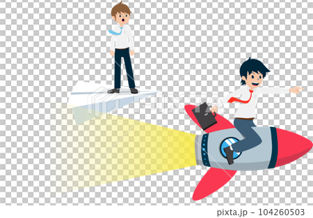 Salary Man sitting on Rocket Overtaken a competitor Standing on Paper Plane Salary Man sitting on Rocket Overtaken a competitor Standing on Paper Plane 104260503
