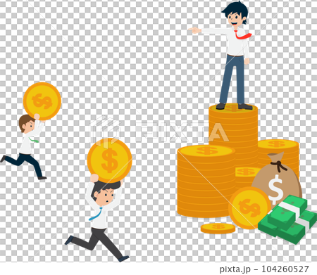 Salary Man Standing on a pile of money and someone working to make money for him 104260527