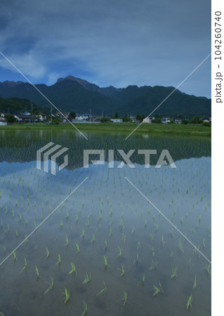北杜市白州町、南アルプスの山並み、麓の街並み映す緑の田園 北杜市白州町、南アルプスの山並み、麓の街並み映す緑の田園 104260740
