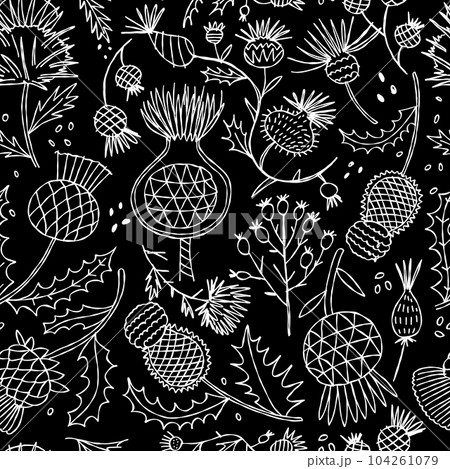 Milk Thistle flowers. Silymarin. Vector botanical illustration. Seamless pattern for your design Milk Thistle flowers. Silymarin. Vector botanical illustration. Seamless pattern for your design 104261079
