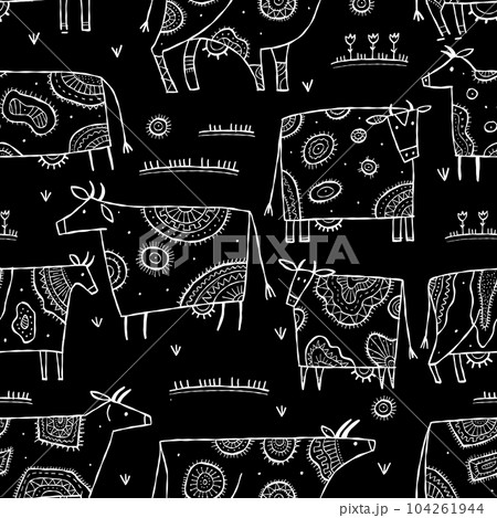 Stylish Ethnic Cows family on meadow. White on black color. Seamless pattern background. Vector Illustration 104261944