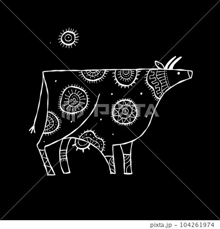 Stylish Ethnic Vector Illustration: Isolated Cow on black Background 104261974
