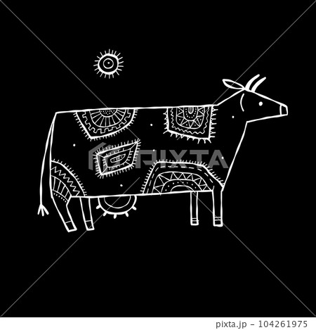 Stylish Ethnic Vector Illustration: Isolated Cow on black Background 104261975