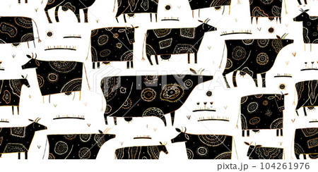 Stylish Ethnic Cows family on meadow. Seamless pattern background. Vector Illustration Stylish Ethnic Cows family on meadow. Seamless pattern background. Vector Illustration 104261976