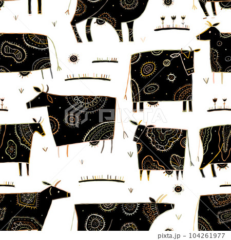 Stylish Ethnic Cows family on meadow. Seamless pattern background. Vector Illustration Stylish Ethnic Cows family on meadow. Seamless pattern background. Vector Illustration 104261977