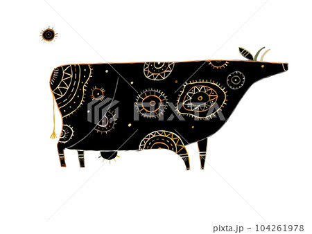 Stylish Ethnic Vector Illustration: Black silhouette Isolated Cow on White Background 104261978