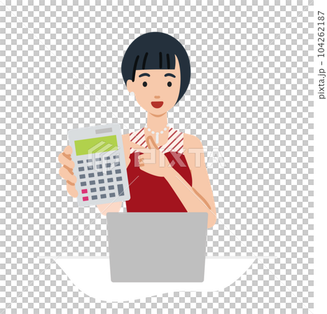 座ってデスクでノートPCを開いて電卓を指差してこちらに向けて見せているドレスの女性 104262187