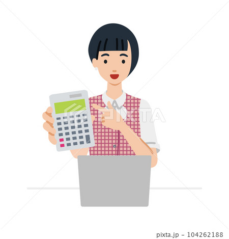 座ってデスクでノートPCを開いて電卓を指差してこちらに向けて見せている事務員制服の女性 座ってデスクでノートPCを開いて電卓を指差してこちらに向けて見せている事務員制服の女性 104262188