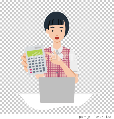 座ってデスクでノートPCを開いて電卓を指差してこちらに向けて見せている事務員制服の女性 座ってデスクでノートPCを開いて電卓を指差してこちらに向けて見せている事務員制服の女性 104262188