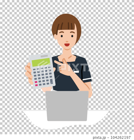 A woman who sits at a desk, opens a laptop, points to a calculator, and shows it towards us. A woman who sits at a desk, opens a laptop, points to a calculator, and shows it towards us. 104262197