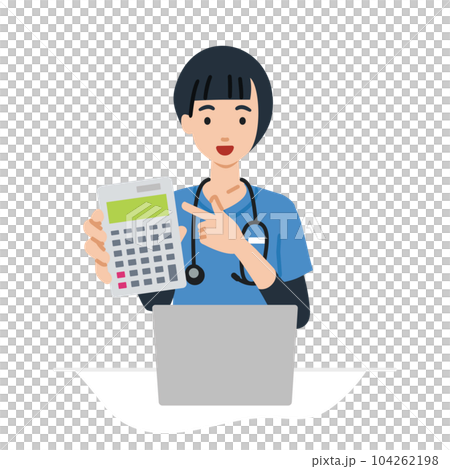 座ってデスクでノートPCを開いて電卓を指差してこちらに向けて見せている看護師の女性 座ってデスクでノートPCを開いて電卓を指差してこちらに向けて見せている看護師の女性 104262198