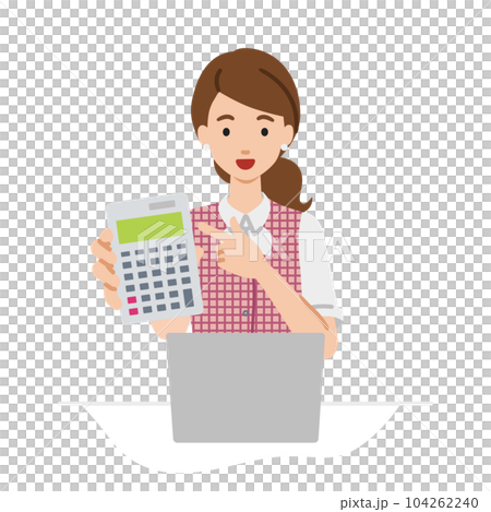 座ってデスクでノートPCを開いて電卓を指差してこちらに向けて見せている事務員制服の女性 座ってデスクでノートPCを開いて電卓を指差してこちらに向けて見せている事務員制服の女性 104262240