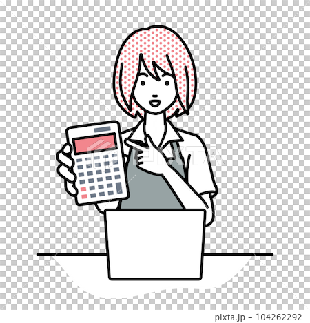 一位圍著圍裙的女職員坐在她的辦公桌前，打開她的筆記本電腦，指著一個計算器，並向我們展示 104262292