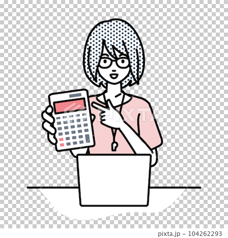 座ってデスクでノートPCを開いて電卓を指差してこちらに向けて見せている教師の女性 座ってデスクでノートPCを開いて電卓を指差してこちらに向けて見せている教師の女性 104262293