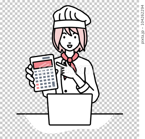 座ってデスクでノートPCを開いて電卓を指差してこちらに向けて見せている調理師の女性 104262294