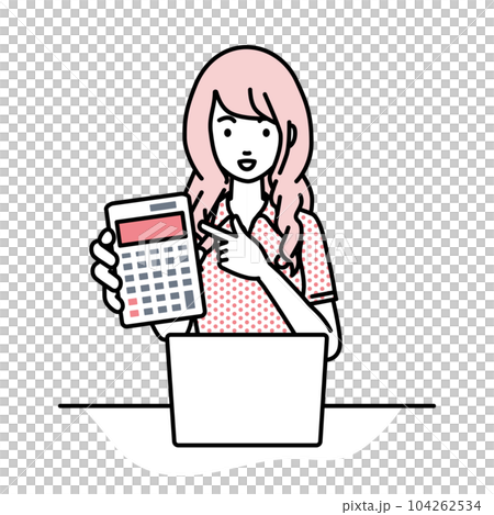 A woman in a polo shirt sitting at her desk with her laptop open and pointing at a calculator pointing at you 104262534