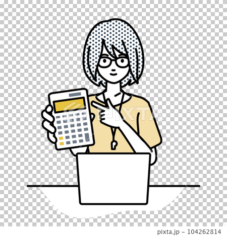 座ってデスクでノートPCを開いて電卓を指差してこちらに向けて見せている教師の女性 座ってデスクでノートPCを開いて電卓を指差してこちらに向けて見せている教師の女性 104262814