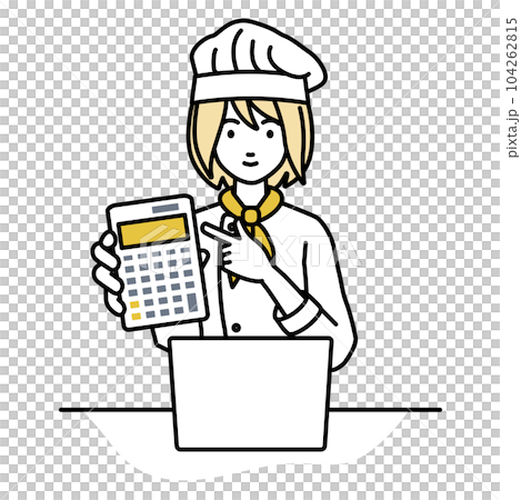 座ってデスクでノートPCを開いて電卓を指差してこちらに向けて見せている調理師の女性 座ってデスクでノートPCを開いて電卓を指差してこちらに向けて見せている調理師の女性 104262815