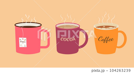 Coffee, tea, cacao. Set of cup. Collection of homemade mugs for hot drinks 104263239