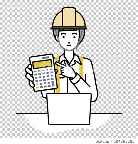 建築工地的一位女士坐在她的辦公桌前，打開她的筆記本電腦，指著一個計算器，並向我們展示 104263283