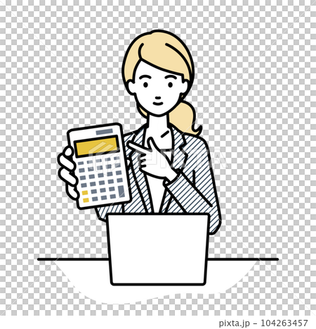 A woman in a suit sitting at her desk, opening her laptop, pointing at a calculator, and showing it to us 104263457