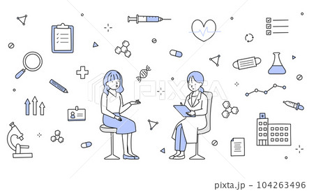 手描きラインアート|診察室で症状を説明する若い女性患者とカルテに情報を書く女医 手描きラインアート|診察室で症状を説明する若い女性患者とカルテに情報を書く女医 104263496