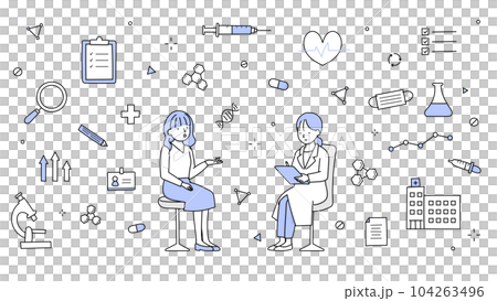 手描きラインアート|診察室で症状を説明する若い女性患者とカルテに情報を書く女医 手描きラインアート|診察室で症状を説明する若い女性患者とカルテに情報を書く女医 104263496