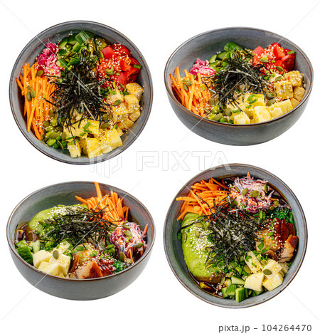 Assorted hawaiian poke bowl dishes collage Assorted hawaiian poke bowl dishes collage 104264470