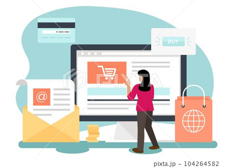 Online shopping girl. Business cartoon concept. Vector creative color illustrations flat design in flat modern style. Online shopping girl. Business cartoon concept. Vector creative color illustrations flat design in flat modern style. 104264582