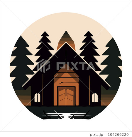 Wood cabin logo template. Cabin in the woods vector illustration. Cabin rentals logo. Chalet in the forest sticker Wood cabin logo template. Cabin in the woods vector illustration. Cabin rentals logo. Chalet in the forest sticker 104266220