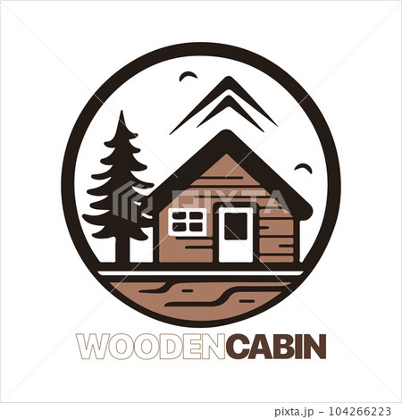 Wood cabin logo template. Cabin in the woods vector illustration. Cabin rentals logo. Chalet in the forest sticker Wood cabin logo template. Cabin in the woods vector illustration. Cabin rentals logo. Chalet in the forest sticker 104266223