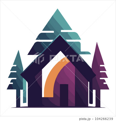 Wood cabin logo template. Cabin in the woods vector illustration. Cabin rentals logo. Chalet in the forest sticker Wood cabin logo template. Cabin in the woods vector illustration. Cabin rentals logo. Chalet in the forest sticker 104266239