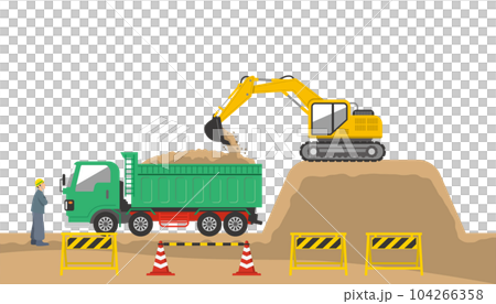建築工地用挖掘機將土壤裝載到自卸卡車中的示意圖 104266358
