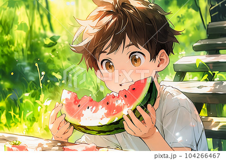 イタリア　Handmade　スイカを食べる少年 真夏に冷たいスイカを食べる少年のイラスト素材 [104266467] - PIXTA
