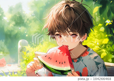 真夏に冷たいスイカを食べる少年のイラスト素材 [104266468] - PIXTA
